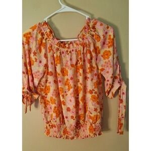Faith and Joy Monteau Floral Smocked Blouse Orange Pink Retro Boho Top Medium